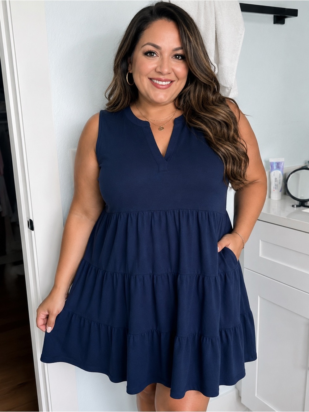 Crown & Ivy Navy Blue Sleeveless Tiered Babydoll Dress Size XL